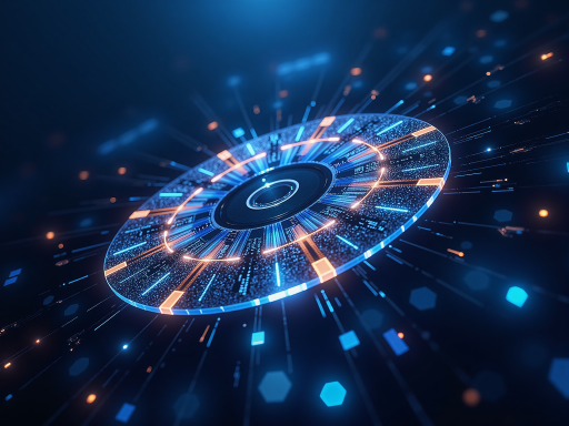 未来科技概念图,包含数据流、网络连接、人工智能元素,蓝色科技感背景